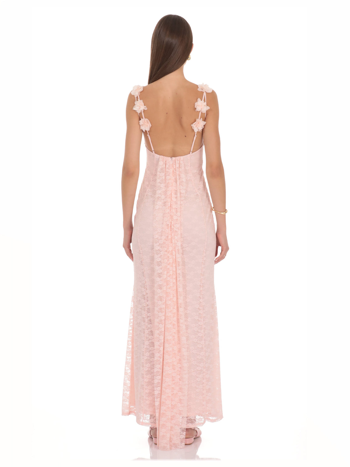 Blush Pink bridesmaid dress with mesh construction and maxi hem
