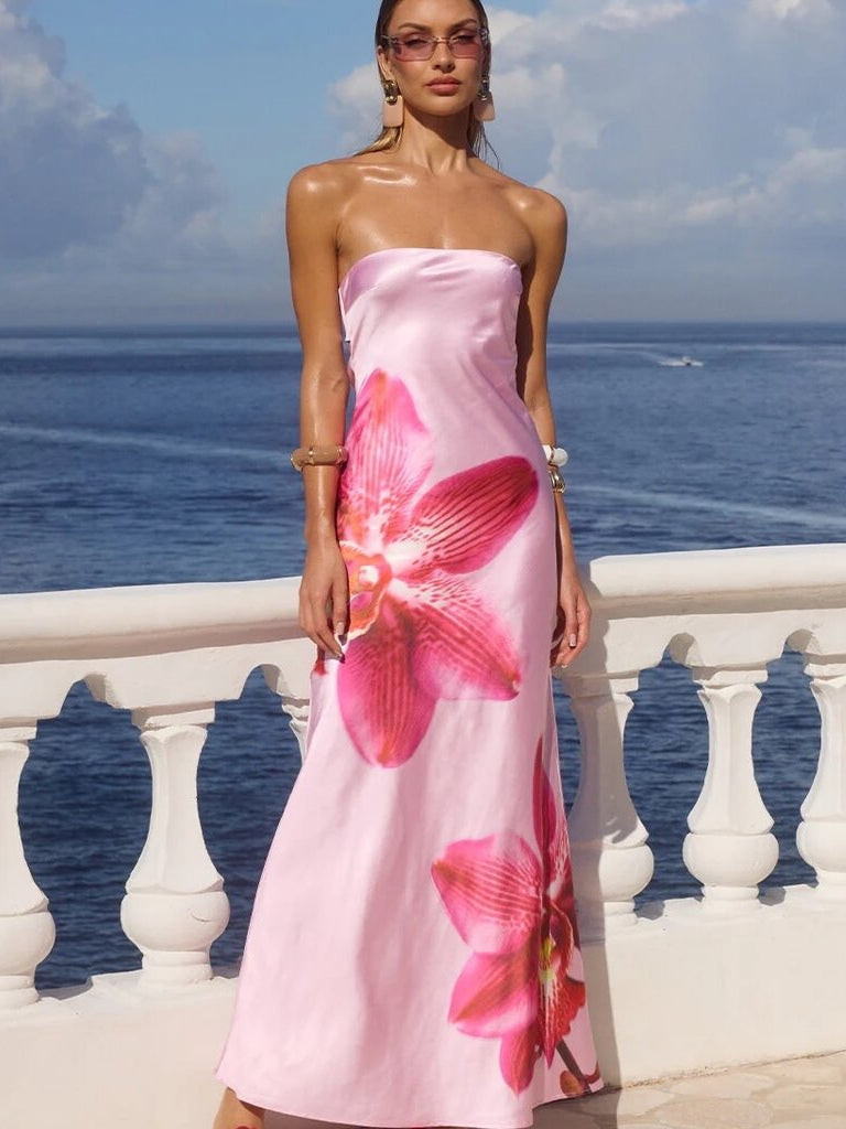 Pink Floral Print sheath maxi formal dress with strapless neckline, alternate full-length view