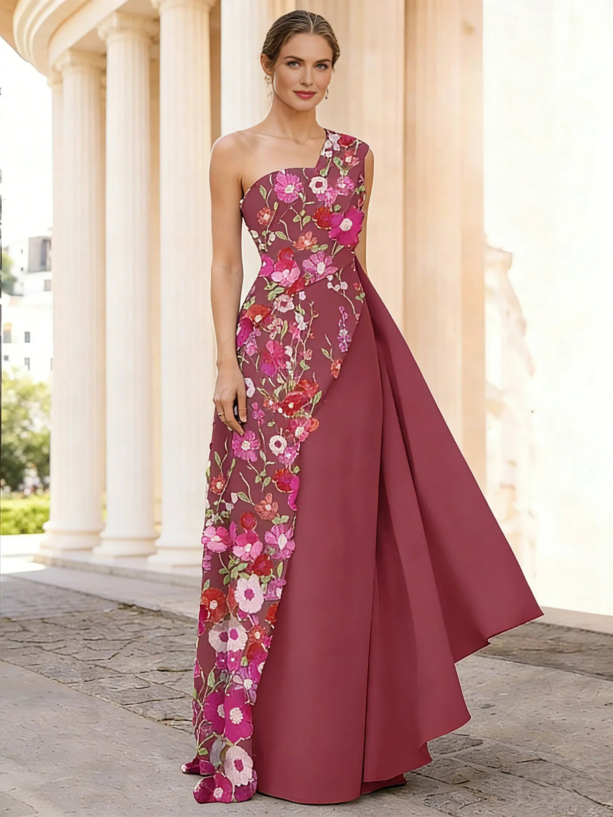 Fuchsia one-shoulder formal dress with floral embroidery, gathered ruching, floor-length skirt