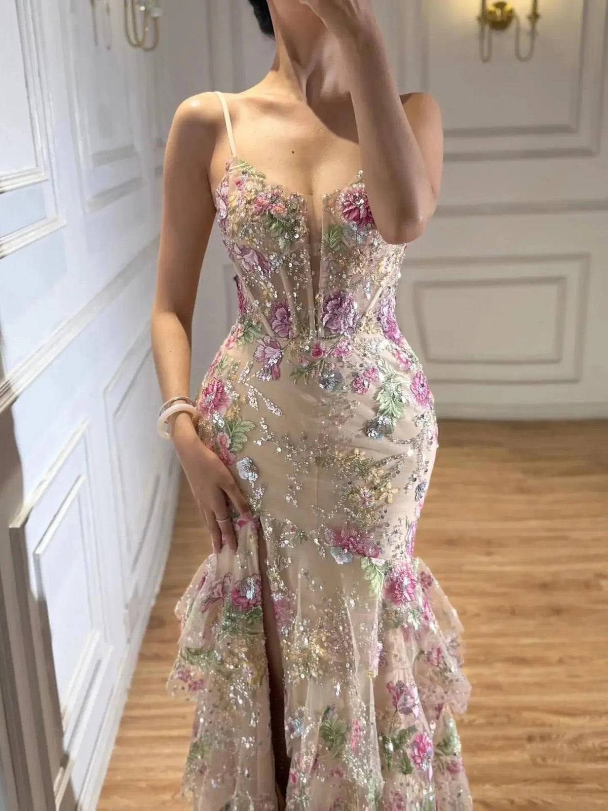 Floral corset bodice with sweetheart neckline and embellished ruffled mermaid skirt