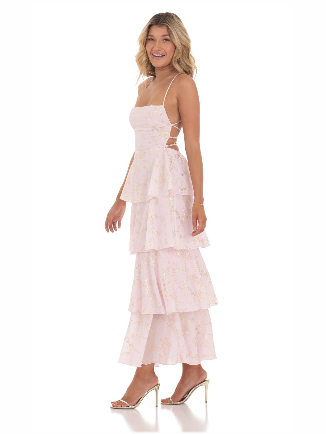 Pink a-line midi formal dress with floral print, alternate view