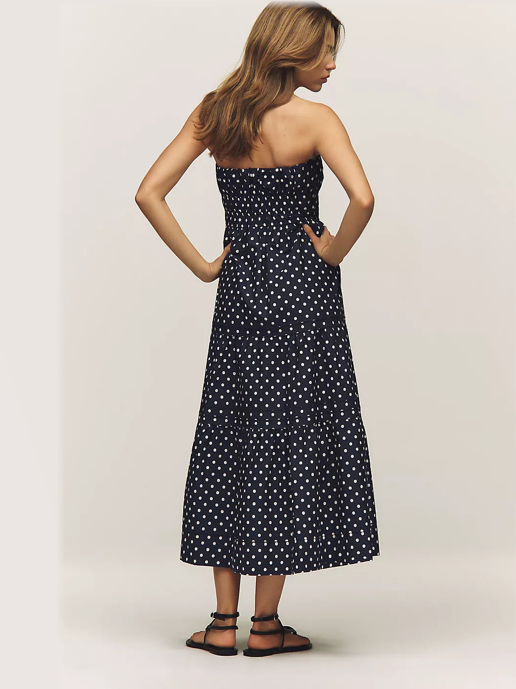 Navy Polka Dot formal dress with structured woven fabric construction and maxi hem