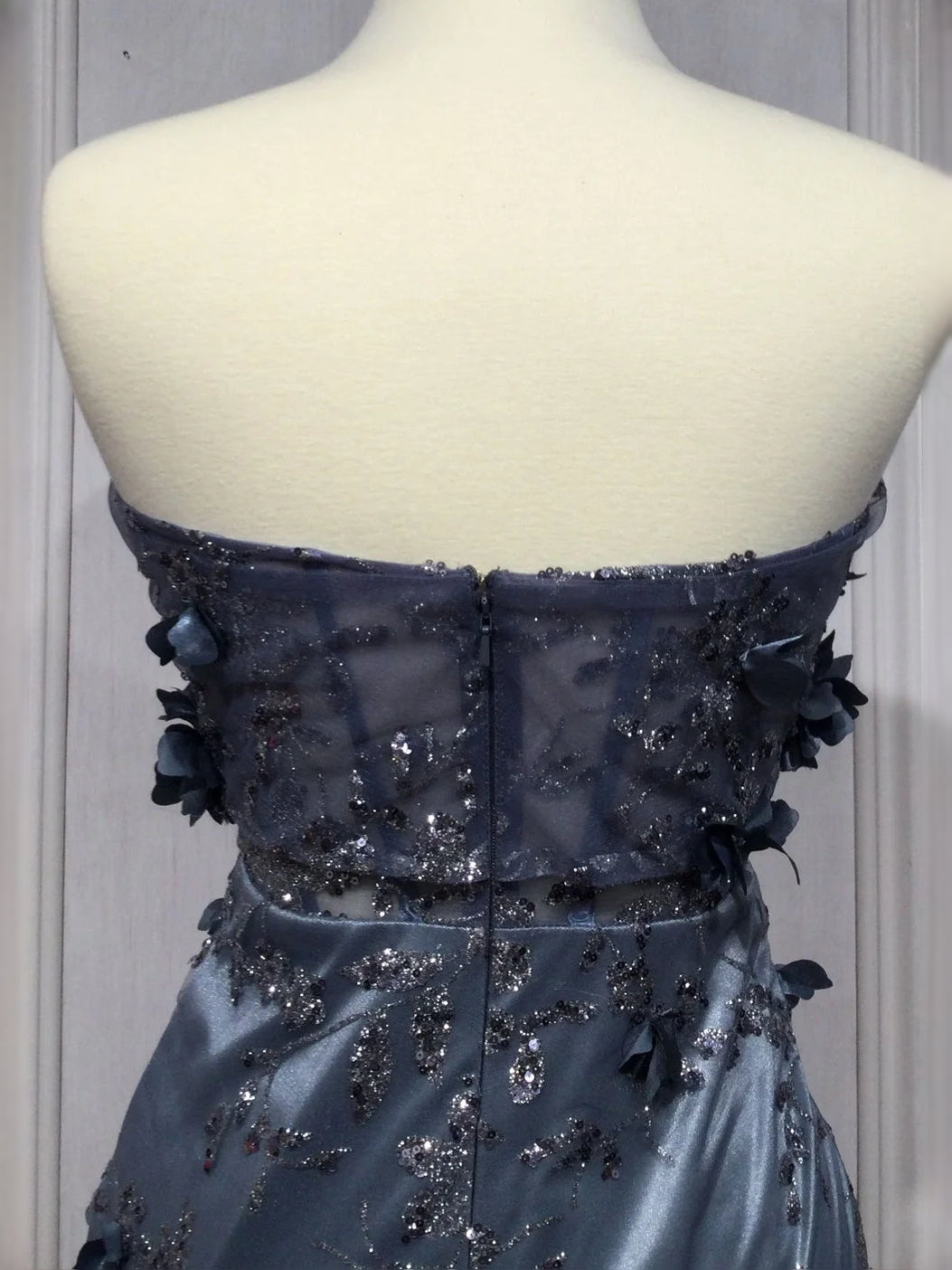 Dark navy off-shoulder corset evening dress with sparkling floral appliques