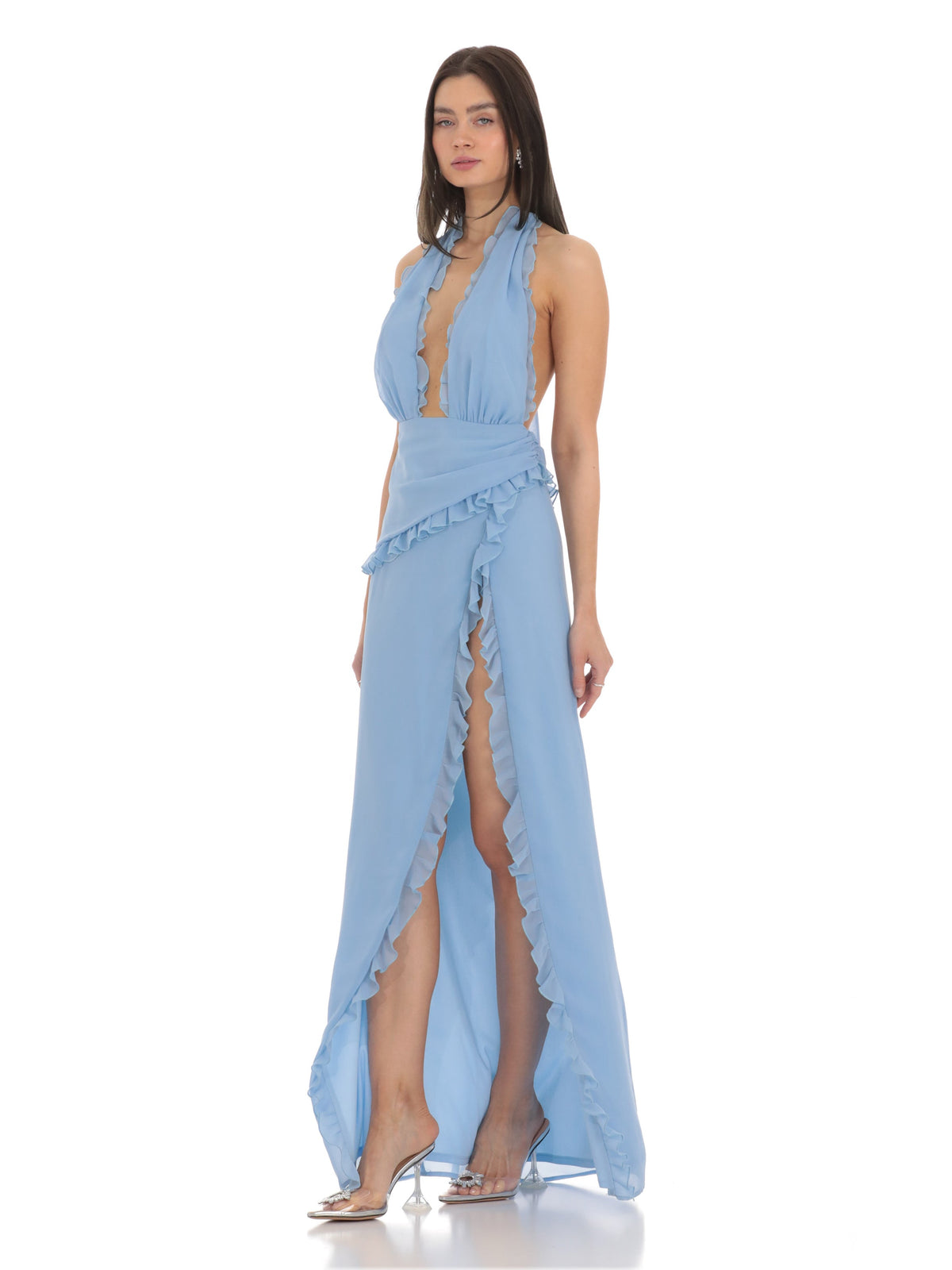 Blue bridesmaid dress with structured woven fabric construction and maxi hem