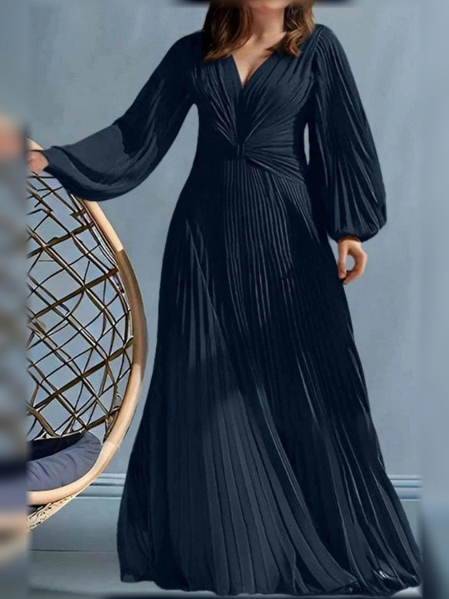 Dark navy V-neck ruched bodice pleated A-line maxi dress with long flared sleeves
