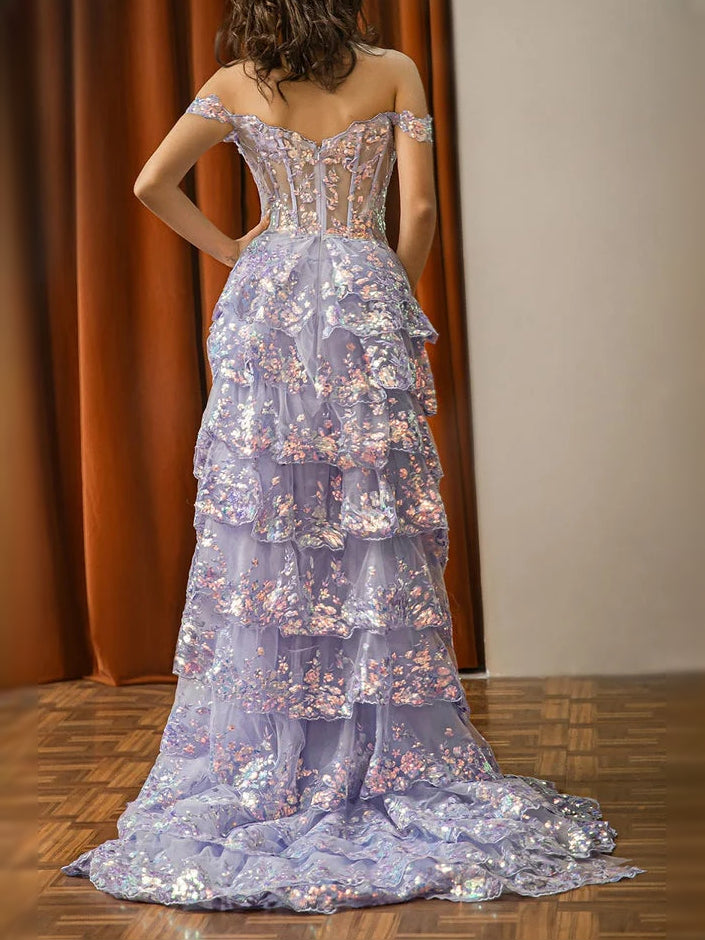 Lilac floral off-shoulder corset prom dress, tiered ruffle skirt with side slit, back view