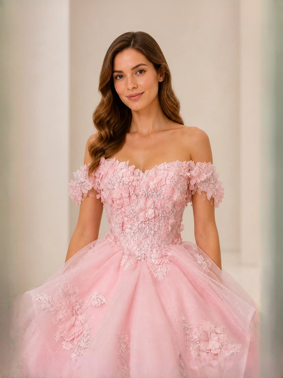 Pink off-shoulder sweetheart bodice with embroidered tulle texture and floral skirt