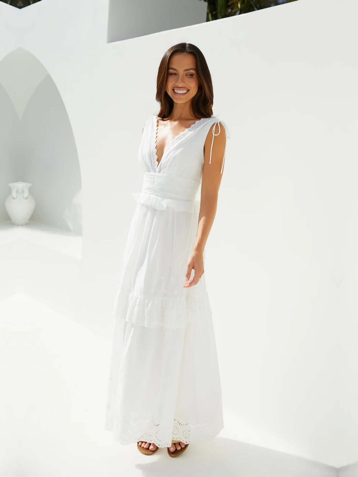 White a-line maxi formal dress with V-neckline, alternate view