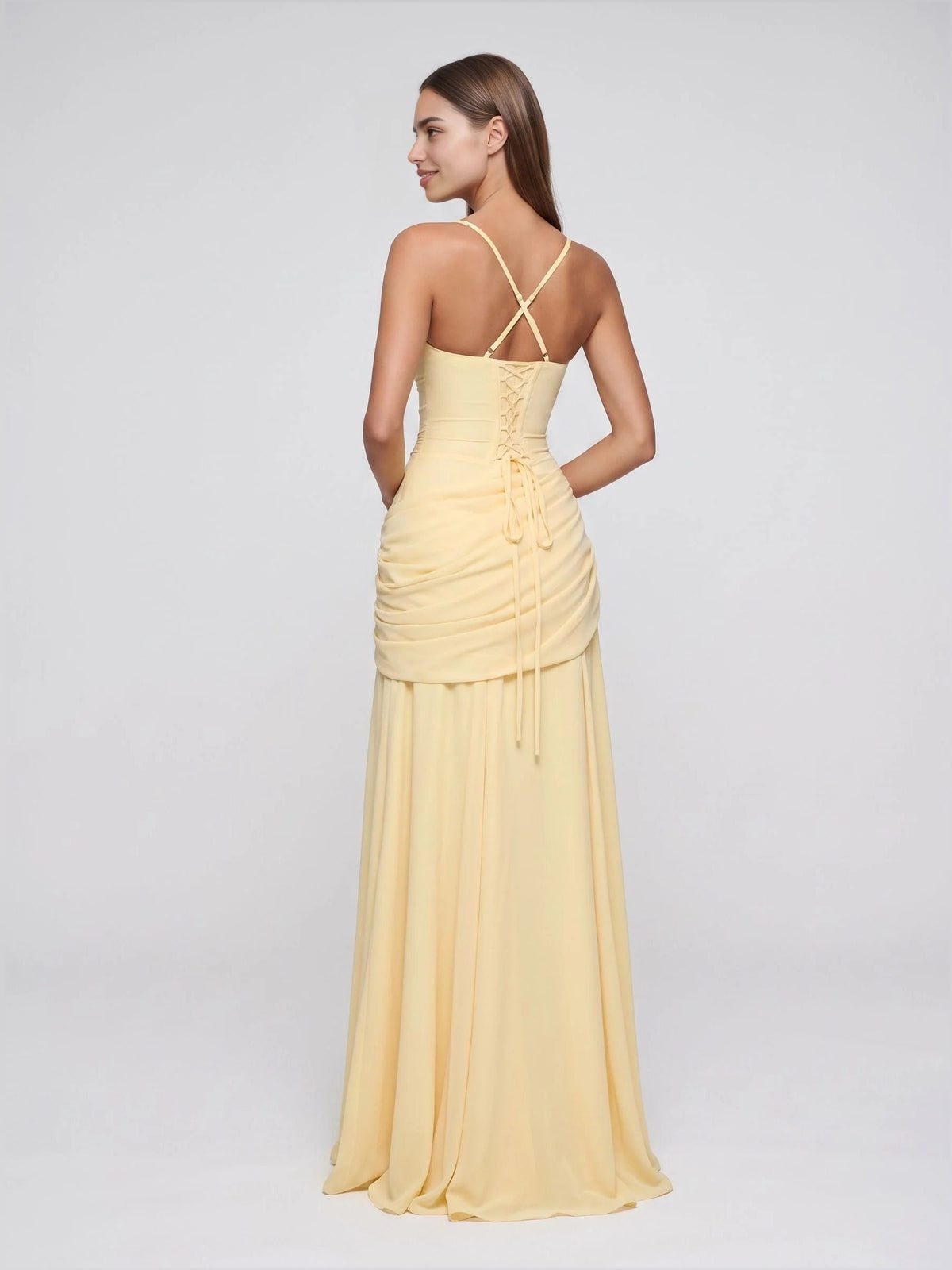 Pale lemon chiffon sweetheart A-line bridesmaid dress, crisscross back straps detail