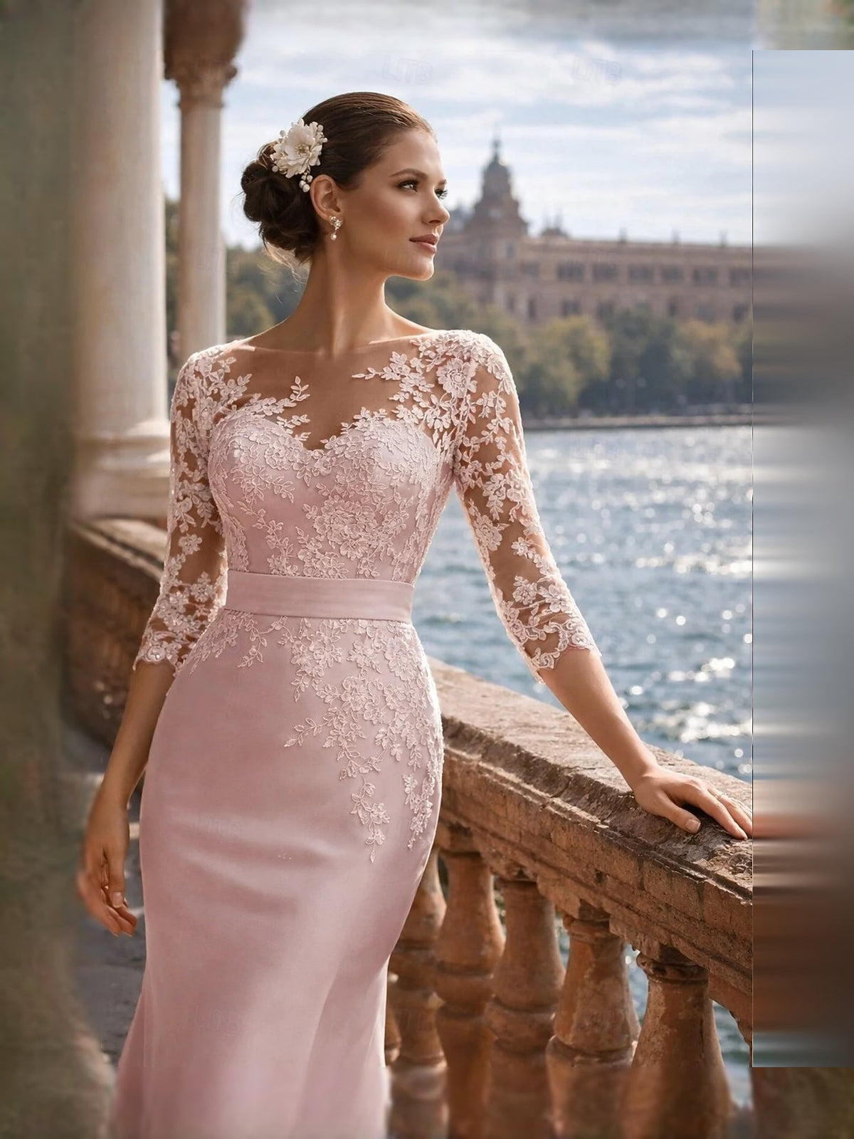 Pink floral lace satin mermaid gown with V-neck and long sleeves, front slit