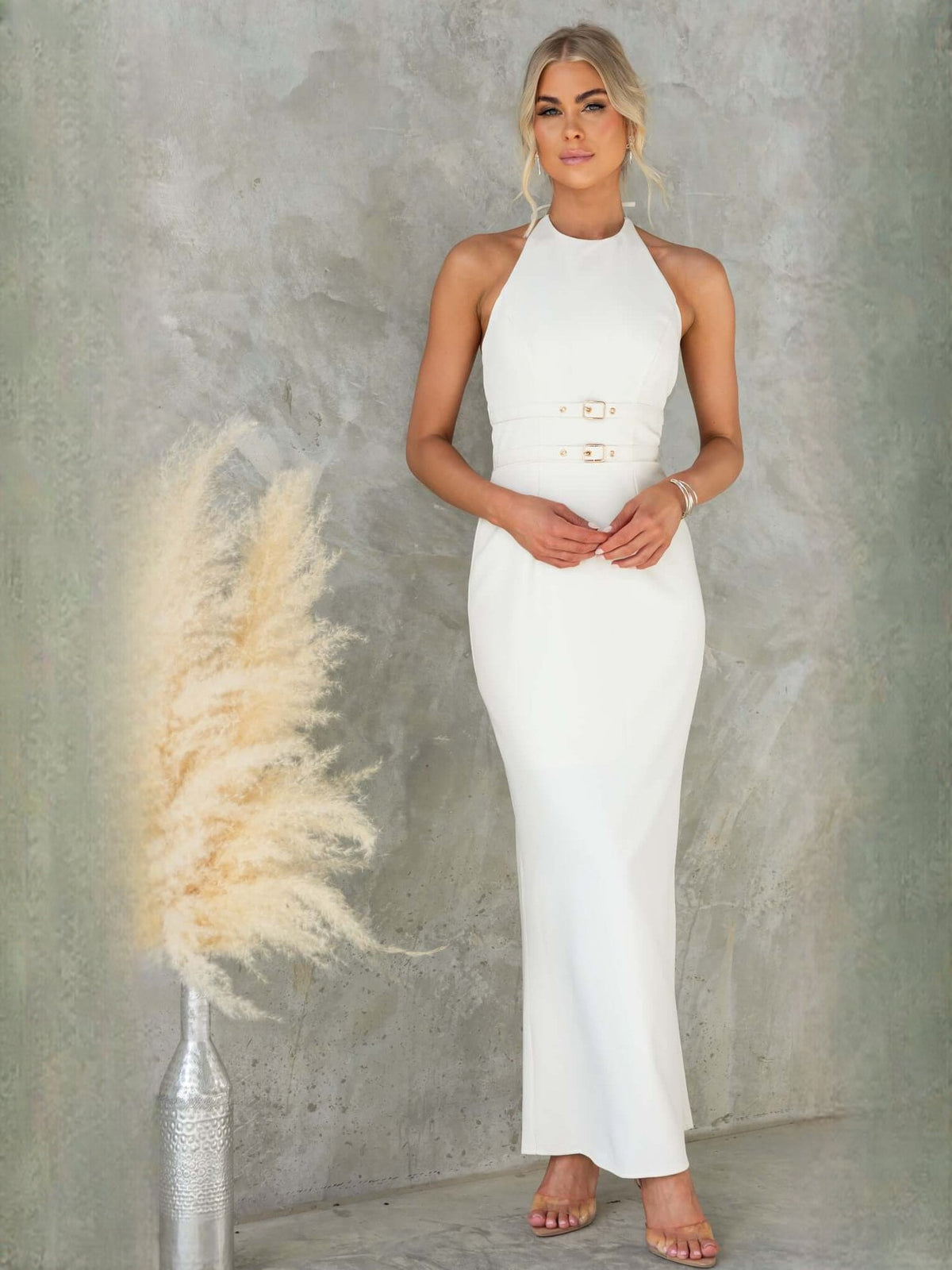 White sheath maxi formal dress with halter neckline, alternate full-length view