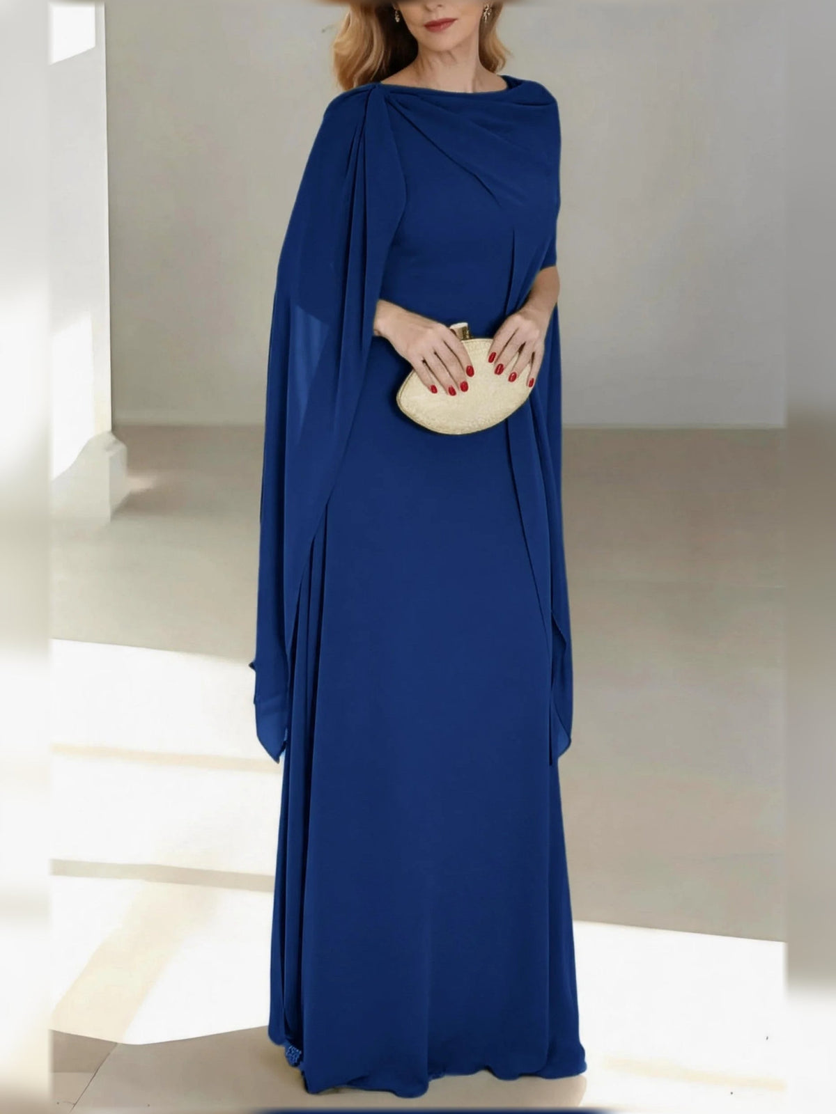 Royal blue draped V-neck A-line chiffon floor-length dress with cape sleeves