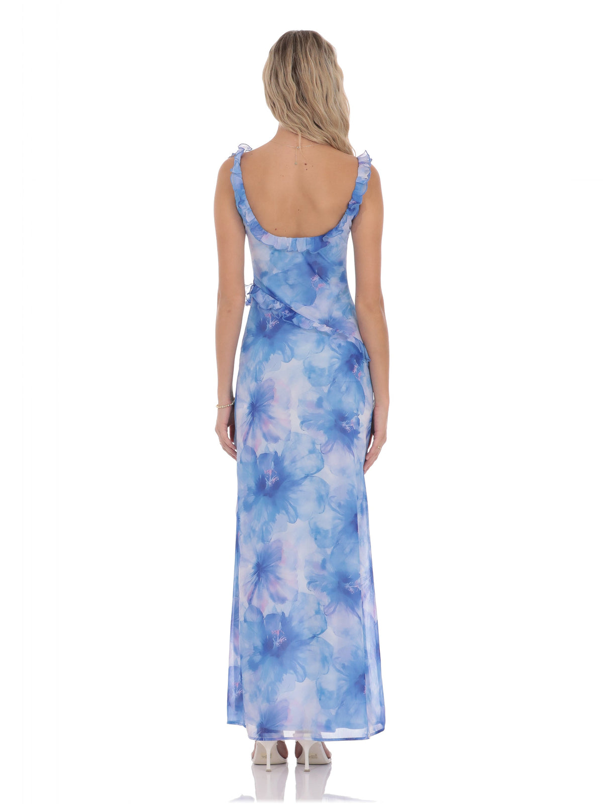Blue bridesmaid dress with satin construction and maxi hem