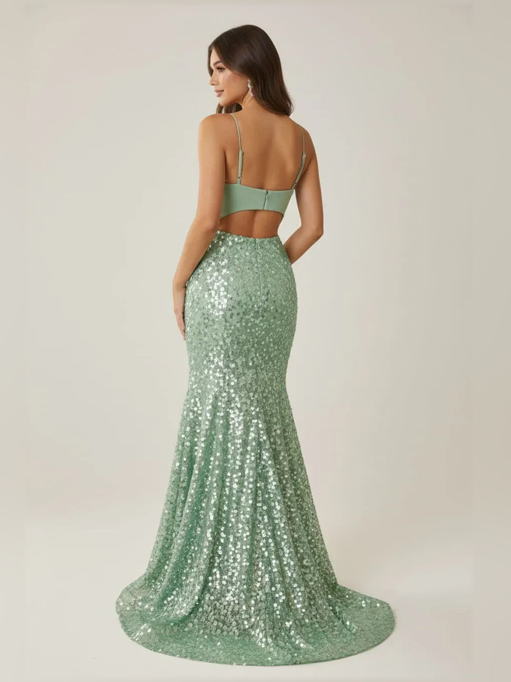 Dusty sage sequined formal dress with open-back straps, V-neck style, floor-length