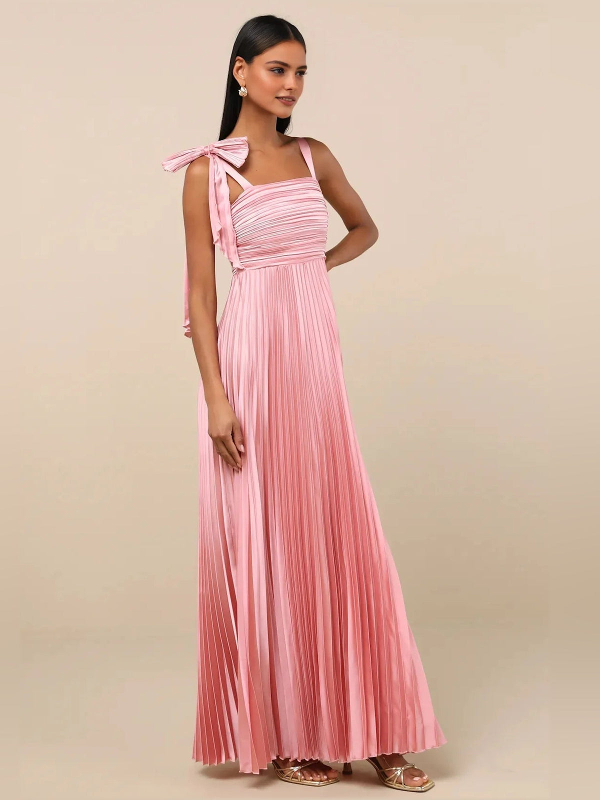 Blush pink satin A-line maxi dress, square neckline, ruched bodice, bow-tie shoulder straps
