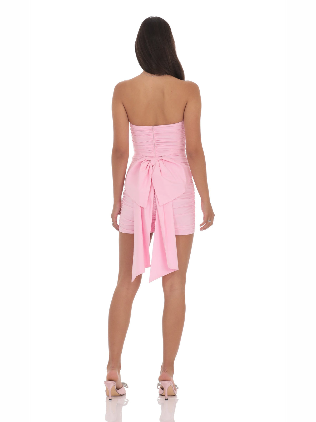 Pink homecoming dress with structured woven fabric construction and maxi hem