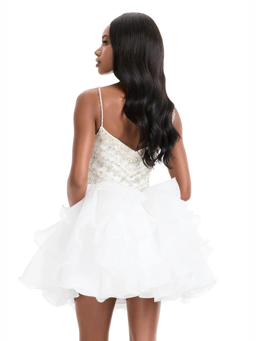 White sequined backless sweetheart mini dress with layered ruffled organza skirt
