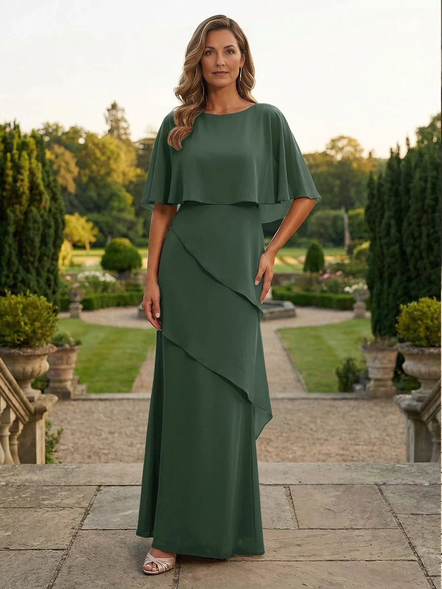 Forest green chiffon sheath dress with boat neck, layered drape, flutter sleeves, long length