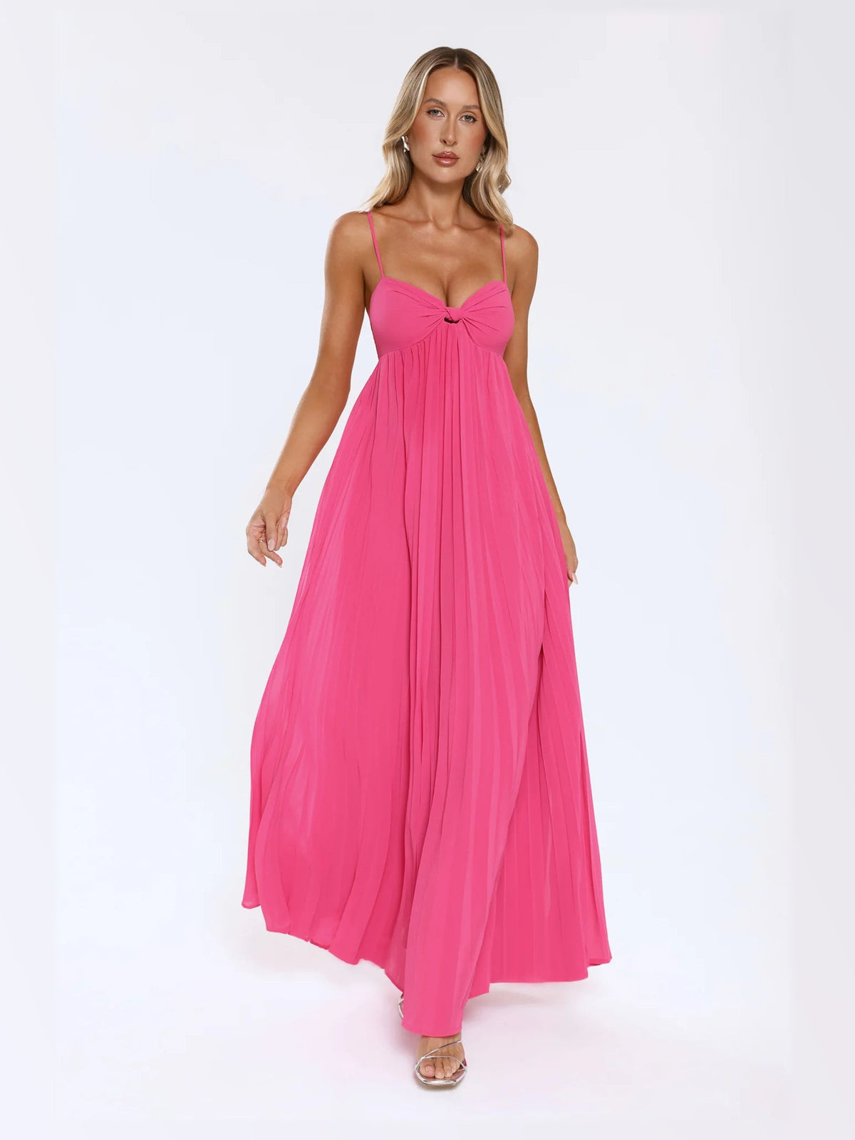 Pink maxi formal dress, alternate full-length view showing the waistline