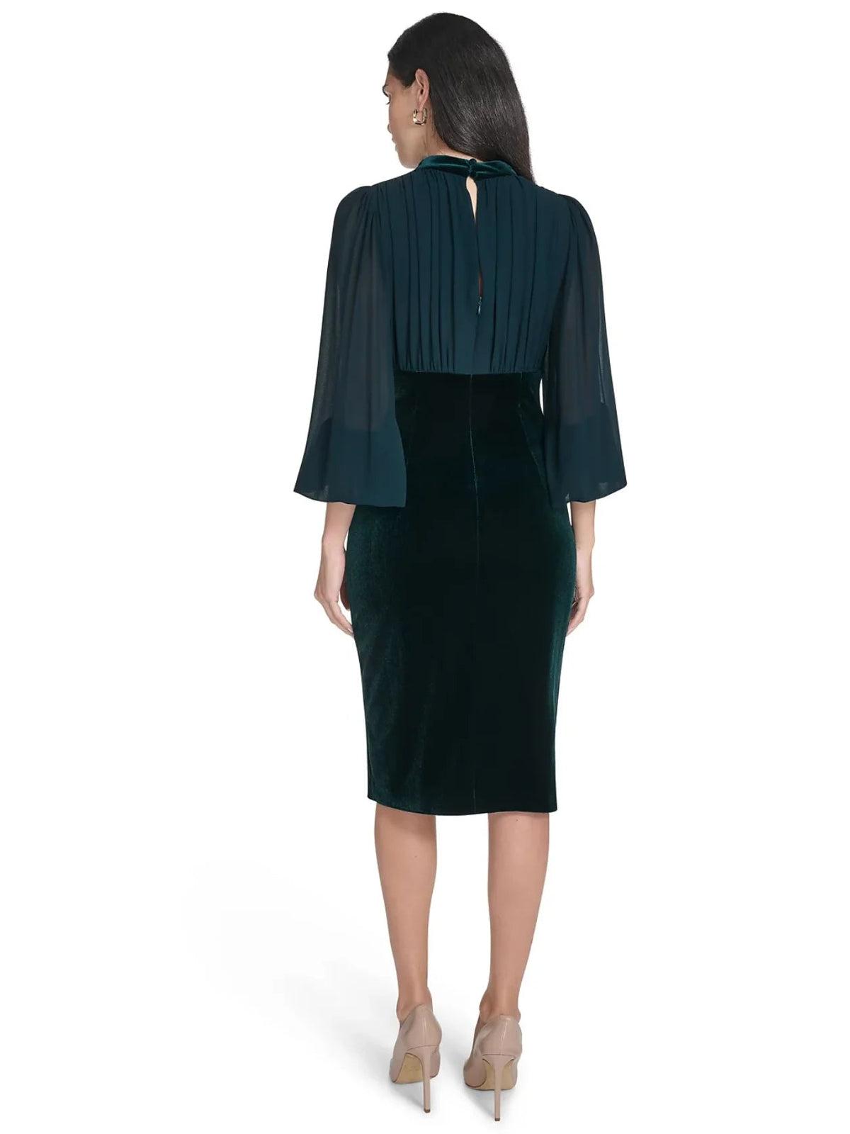 Dark green back view fitted midi dress with draped V-neck and chiffon cape sleeves