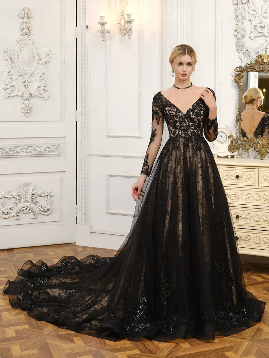 Black sequin V-neck A-line wedding dress with long sleeves, sweeping tulle hem