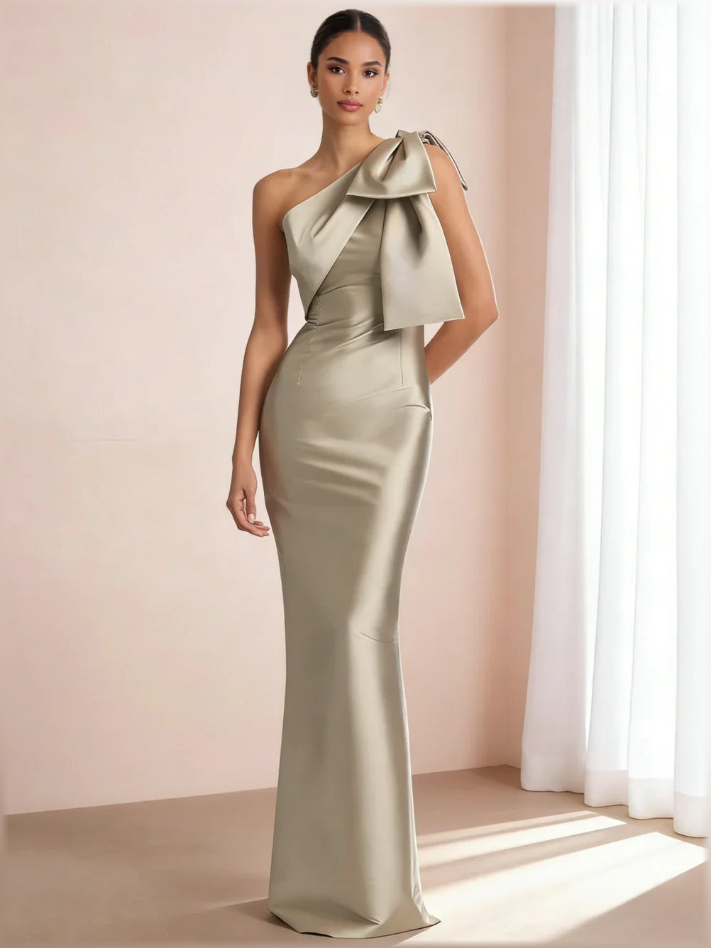 Champagne one-shoulder bow mermaid formal dress with high slit, satin finish