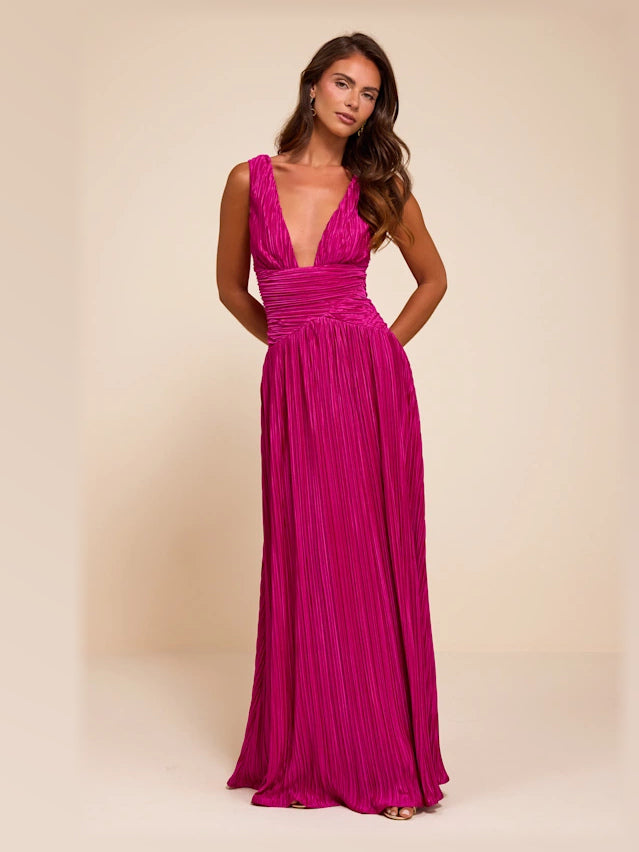 Berry Pink formal dress with chiffon construction and maxi hem