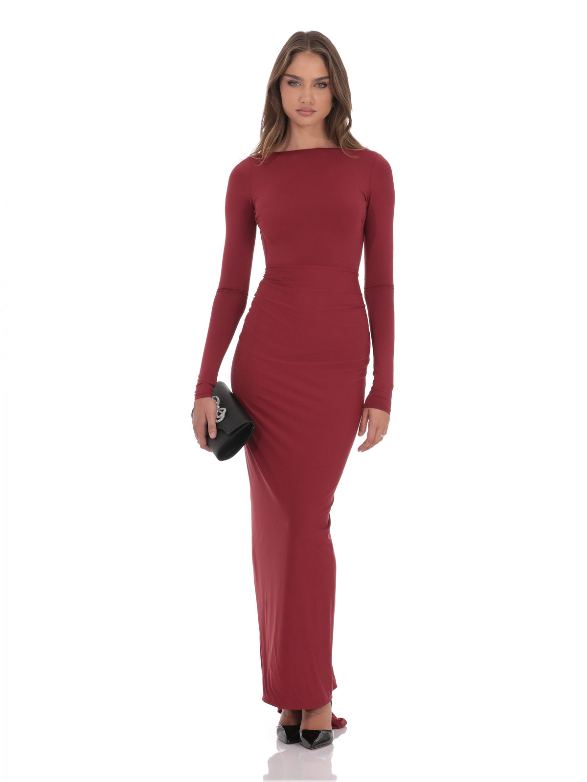Maroon bridesmaid dress with structured woven fabric construction and maxi hem