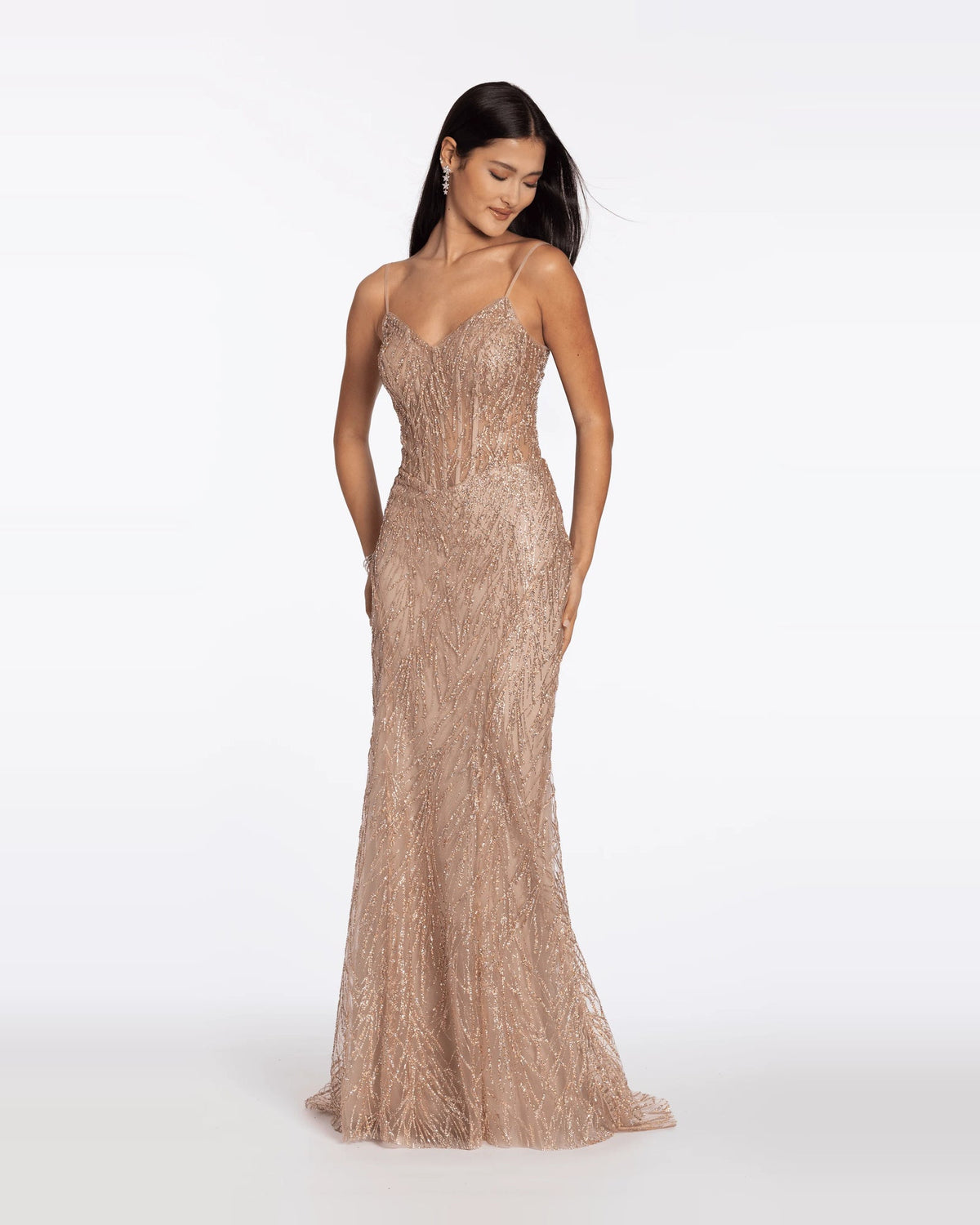 Beige glitter sequin corset sweetheart trumpet maxi prom dress, front view with thin straps