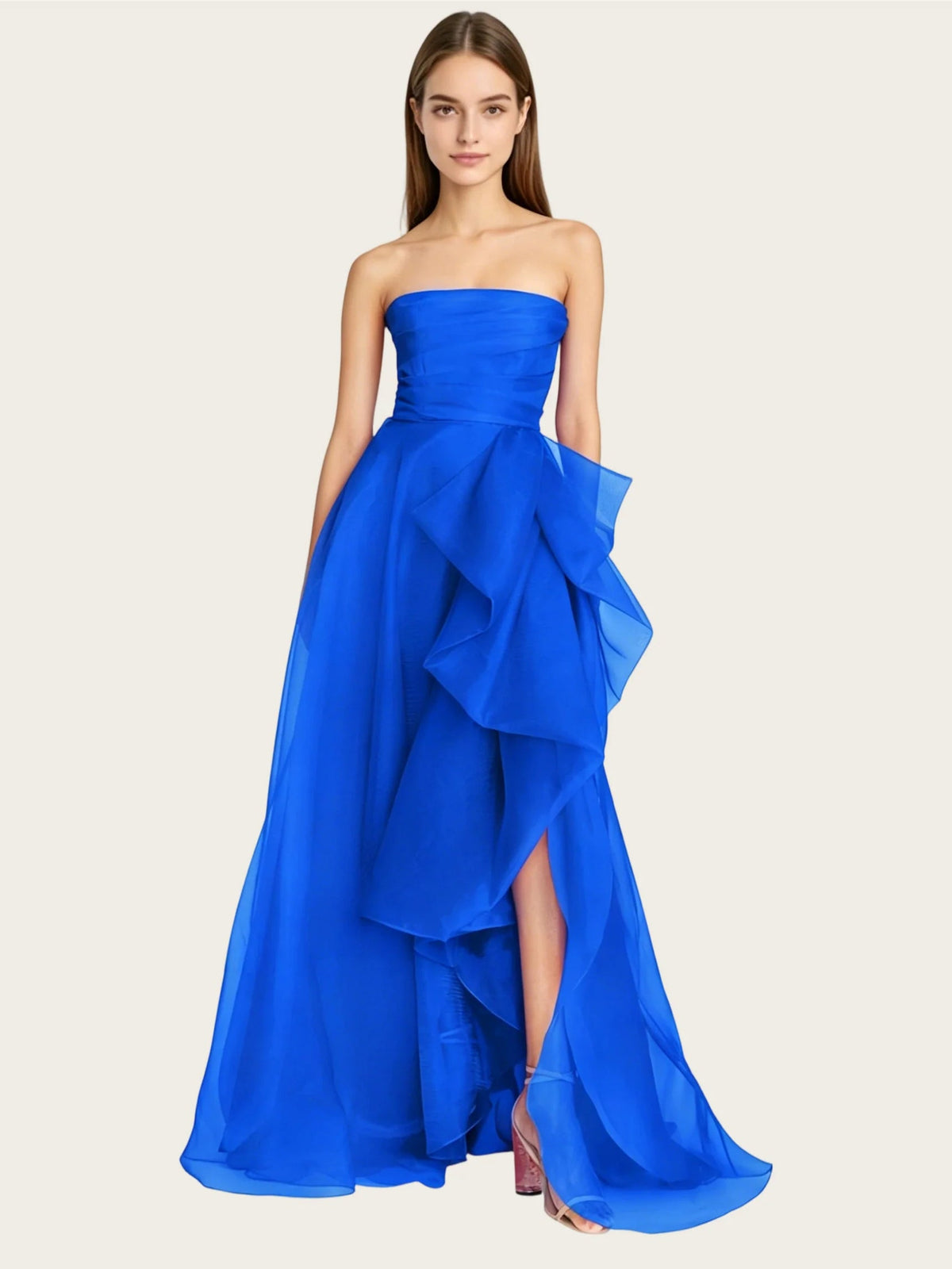 Cobalt blue strapless ruffle A-line formal dress with cascading layered skirt.