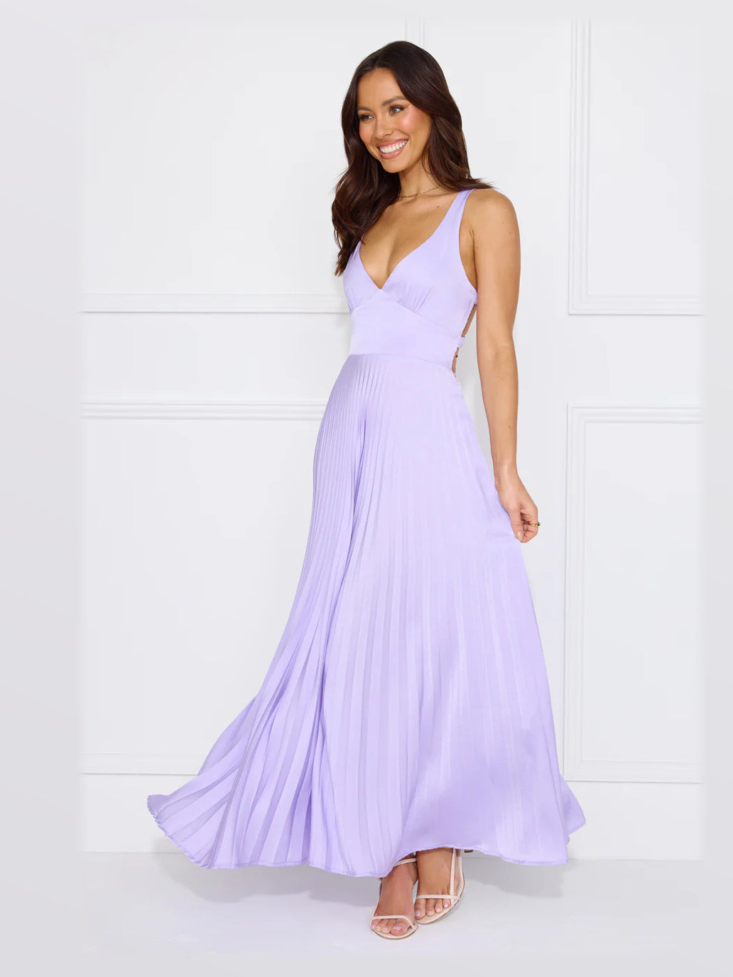 Lilac midi formal dress, alternate full-length view showing the waistline