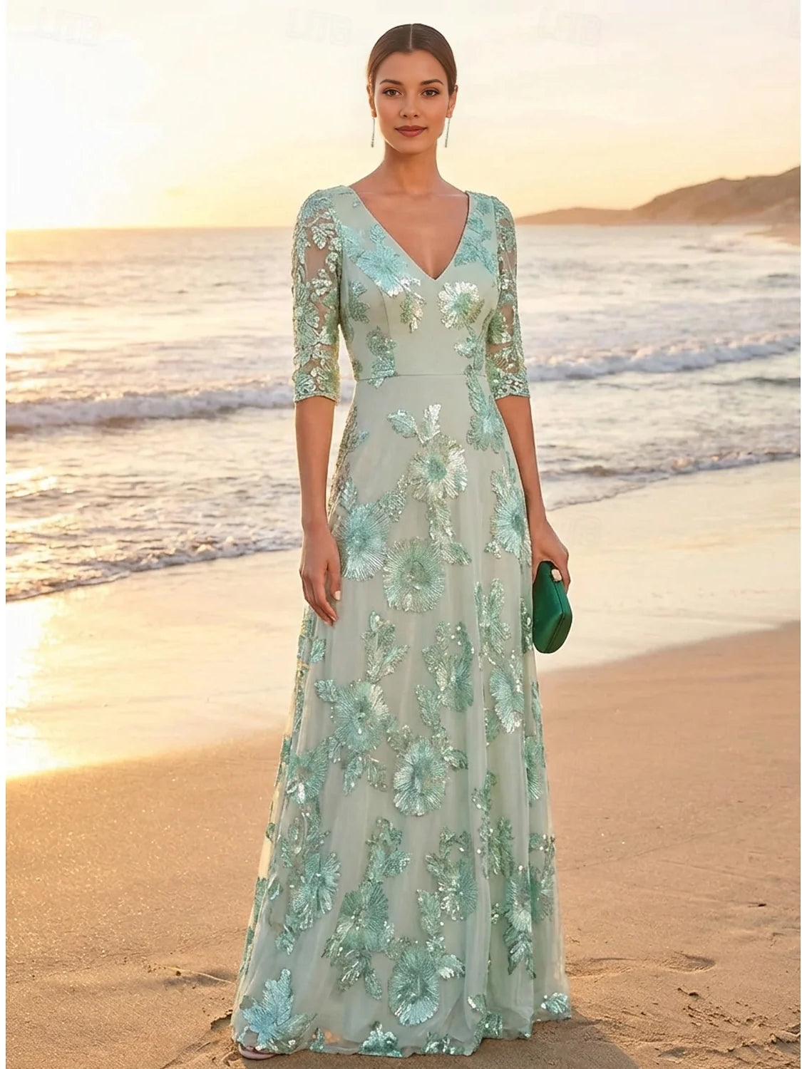 Sage green floral-applique V-neck A-line floor-length tulle dress with lace 3/4 sleeves