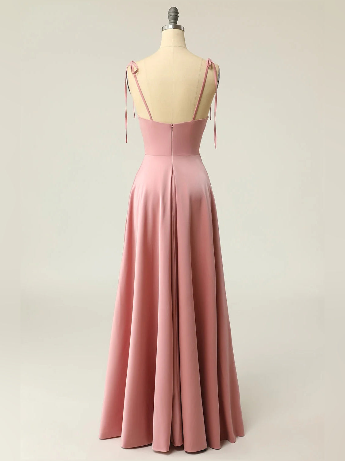 Dusty pink satin maxi prom dress with cowl back, fitted bodice, flared skirt