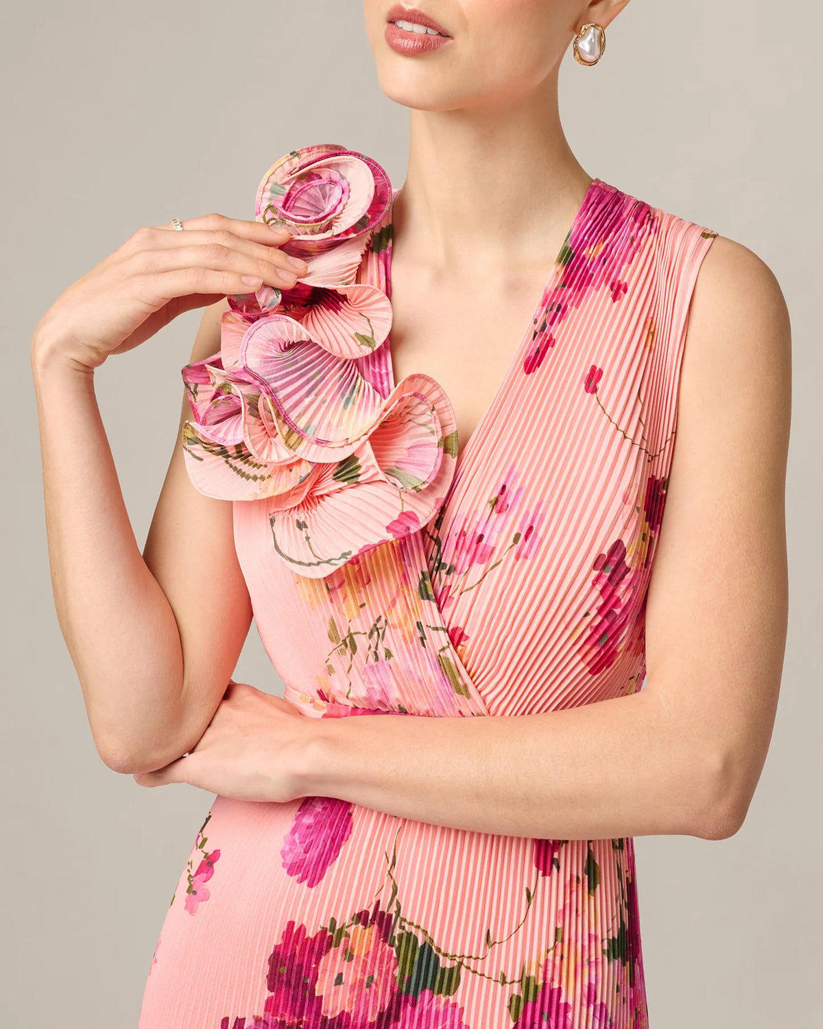 Pink floral maxi dress bodice with V-neck and gathered shoulder ruffle detail