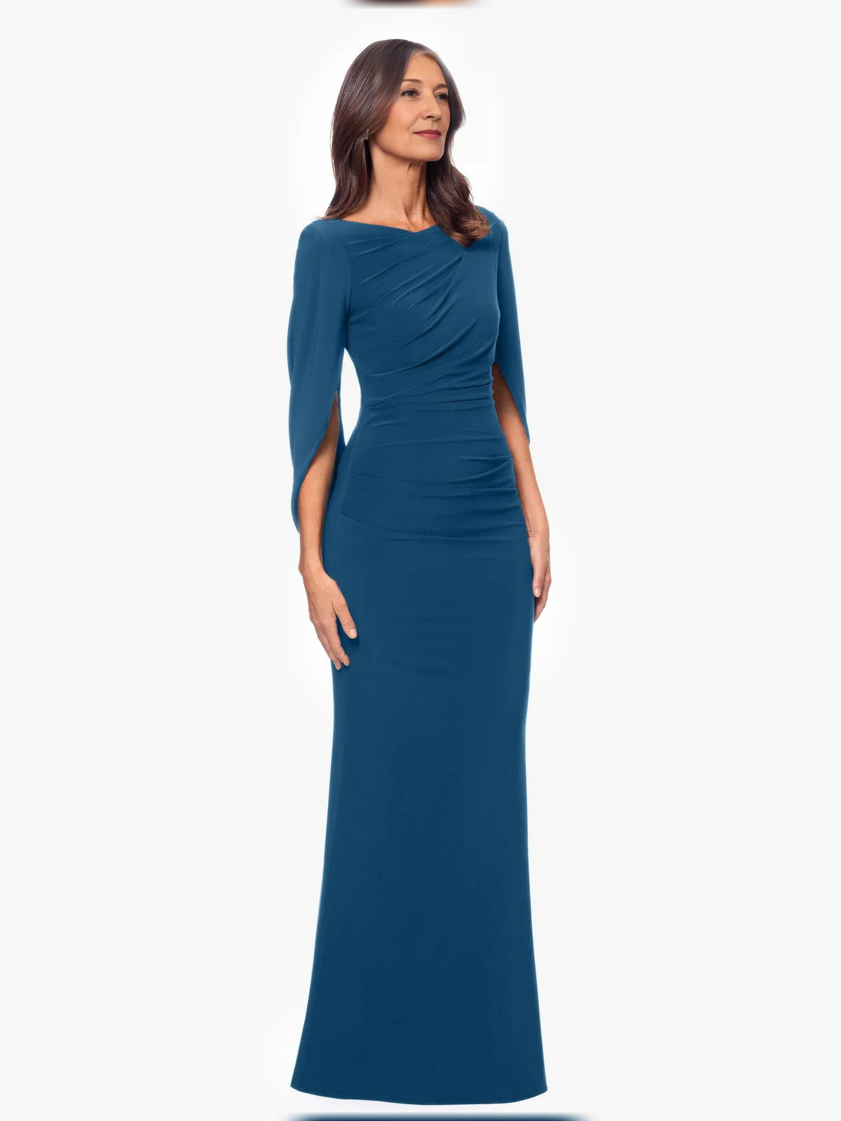 Teal off-shoulder mermaid evening dress with ruched drape, floor length