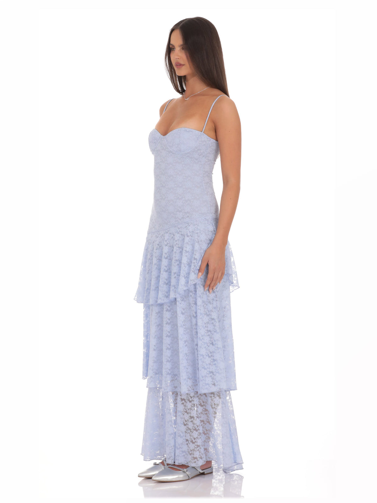 Blue bridesmaid dress with structured woven fabric construction and maxi hem