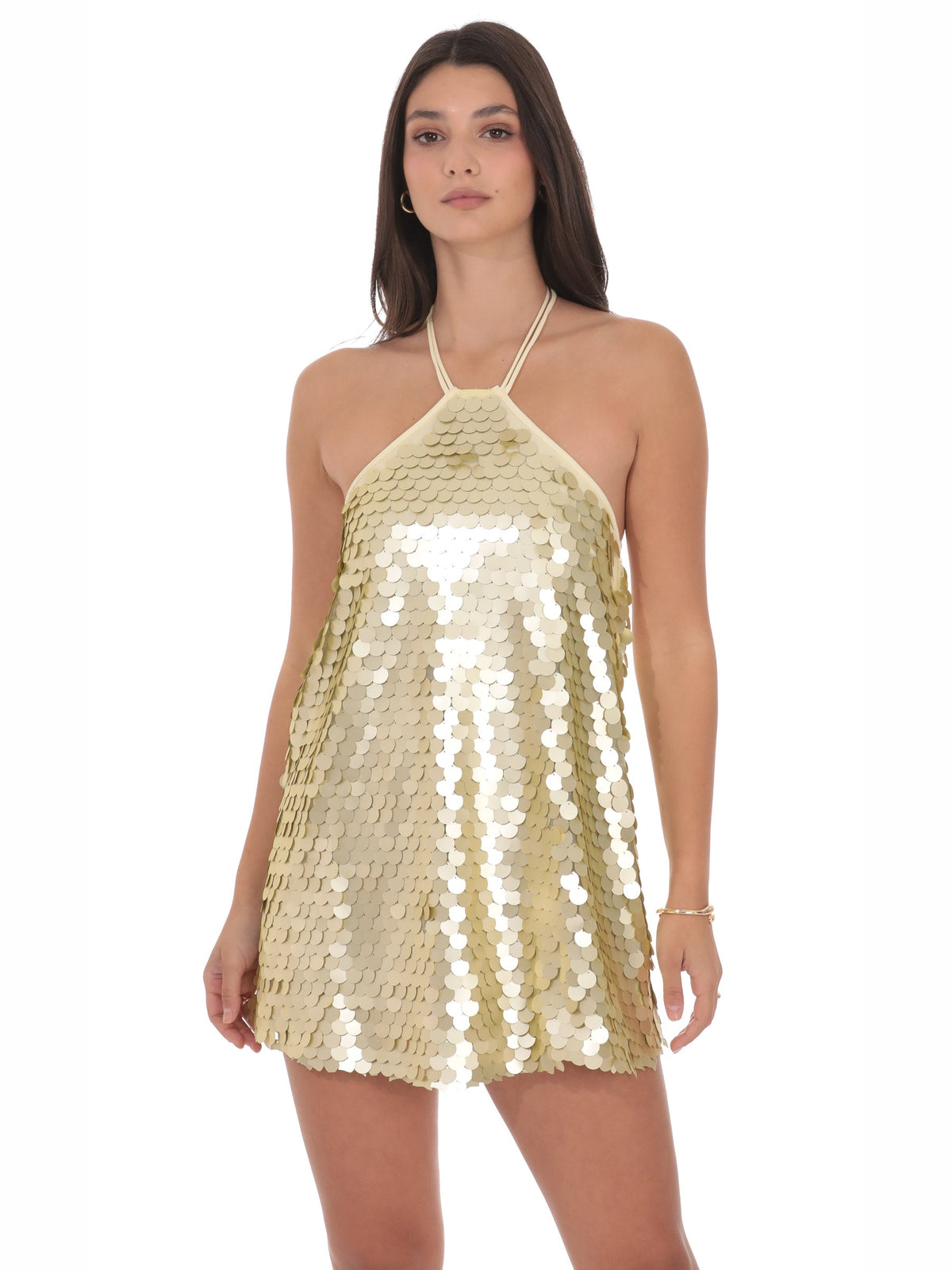 Gold homecoming dress with mesh construction and maxi hem