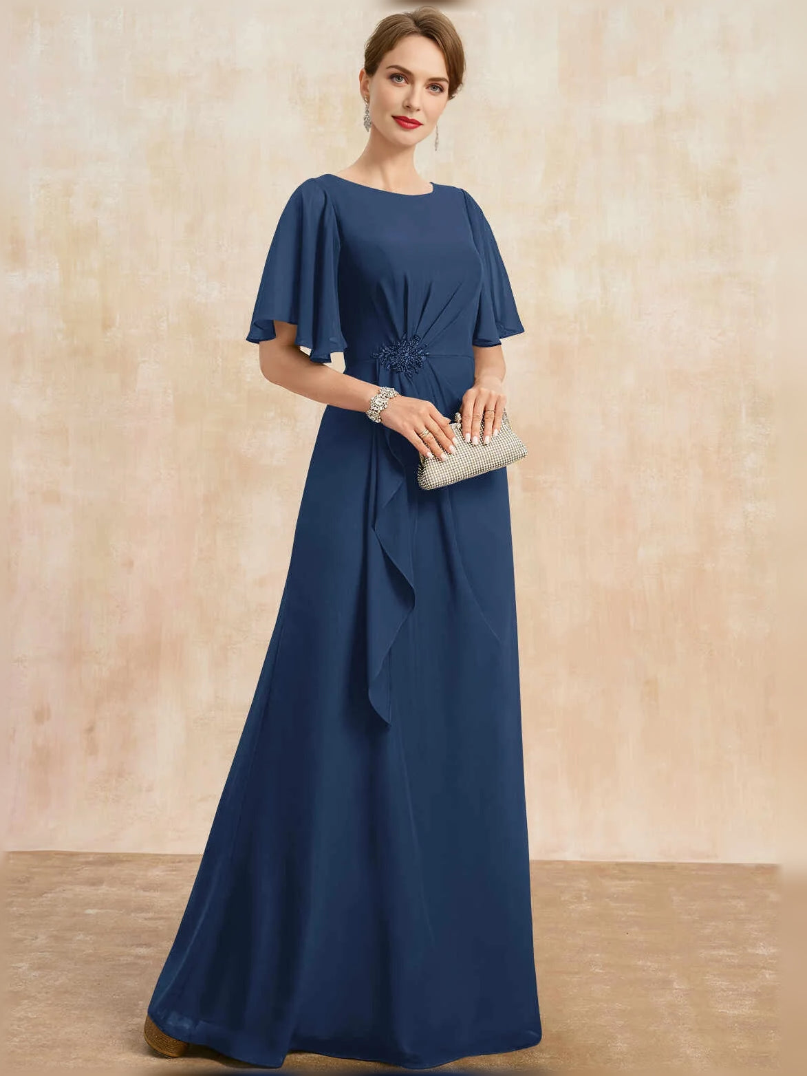 Dark navy floor-length chiffon sheath dress with flutter sleeves and ruched waist drape