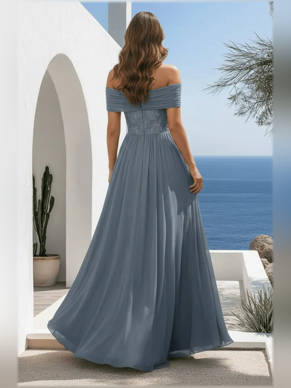 Dusty blue off-the-shoulder A-line formal dress with lace bodice, back view