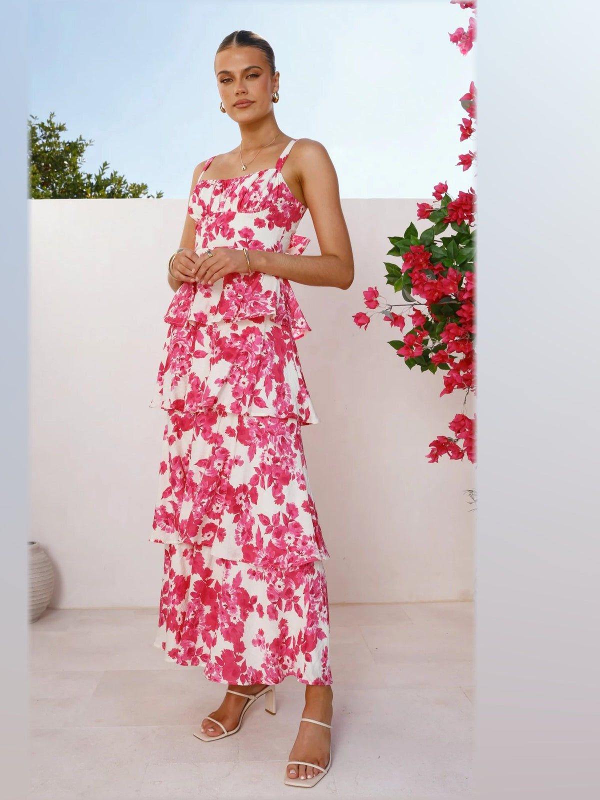 Pink White Floral maxi formal dress, alternate full-length view showing the waistline