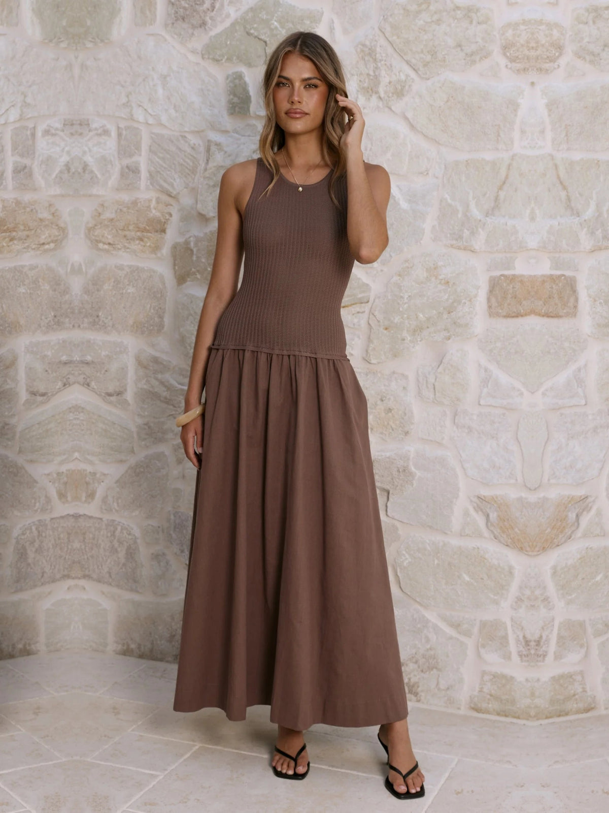 Chocolate a-line maxi formal dress with tiered skirt, alternate view