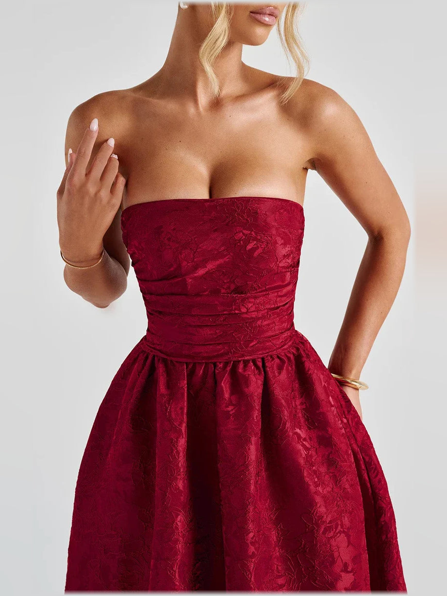 Deep red strapless corset midi dress with ruching on bodice and flared skirt