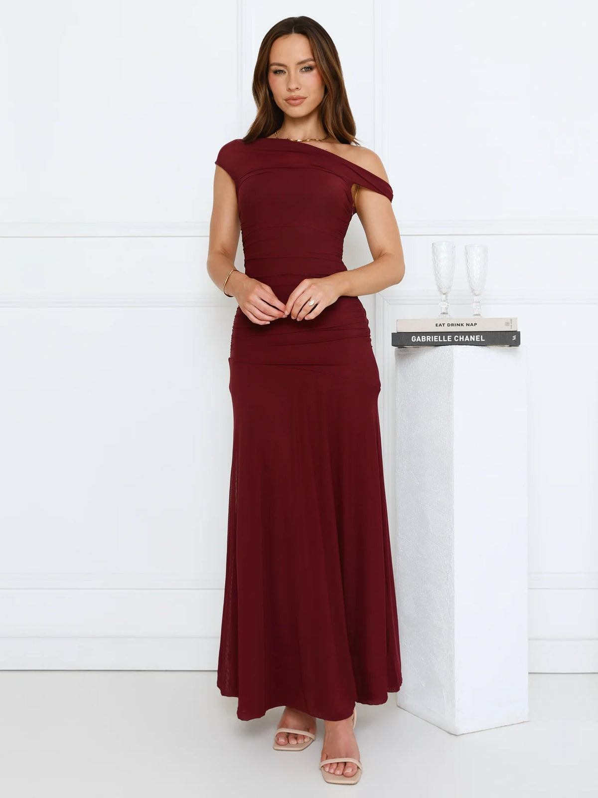 Wine sheath maxi formal dress with off-the-shoulder neckline, alternate view