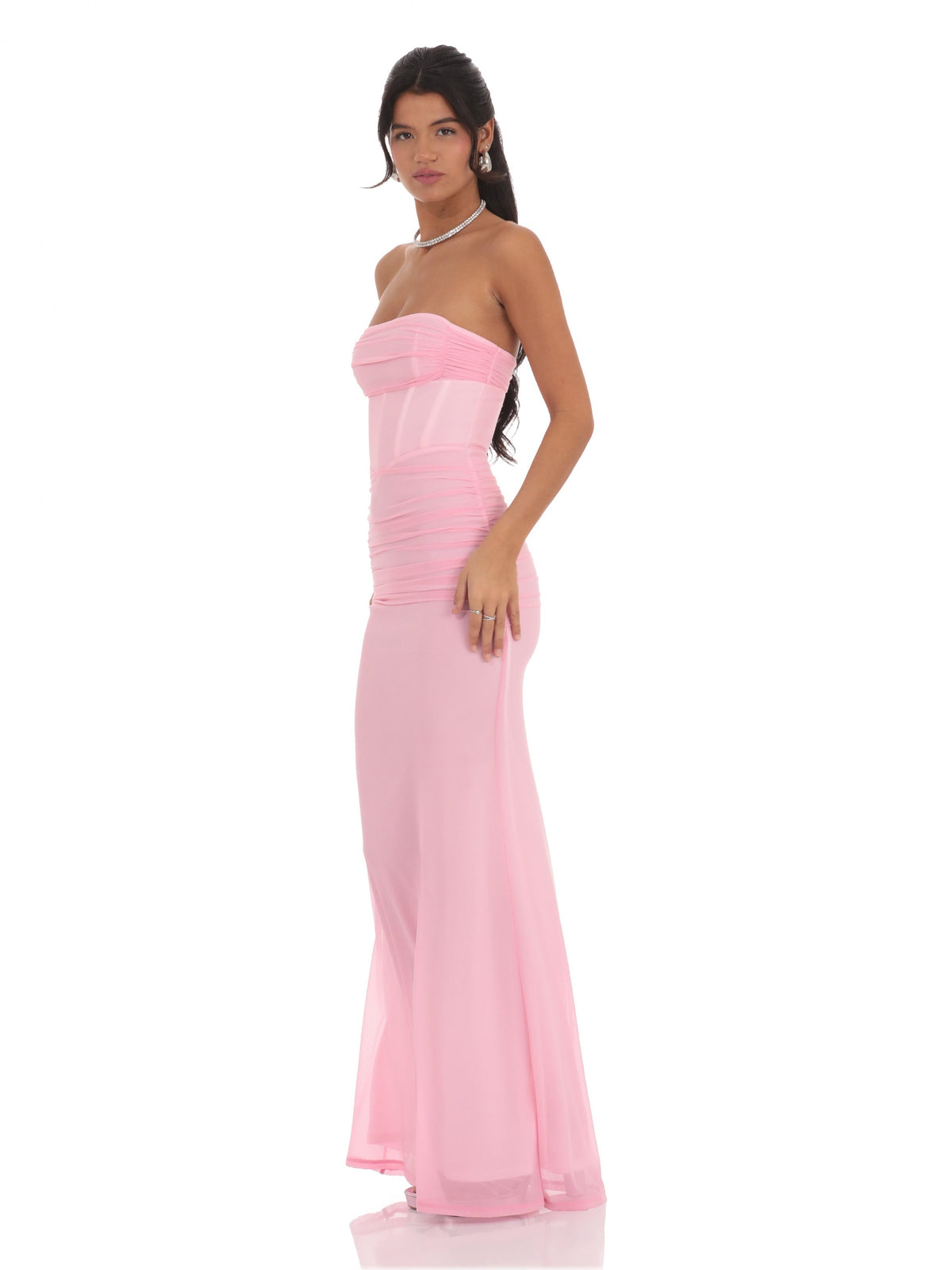 Pink bridesmaid dress with mesh construction and maxi hem