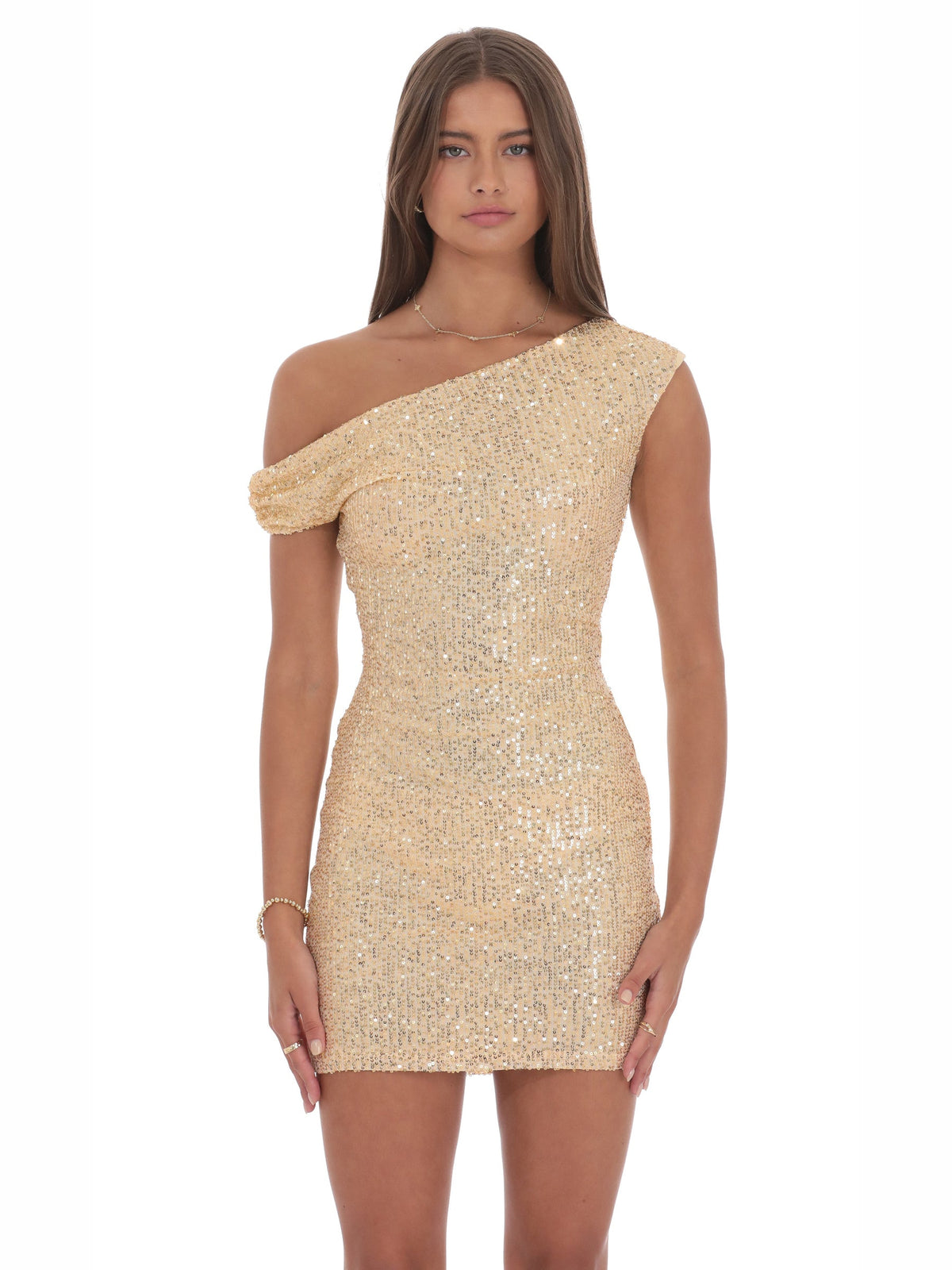 Gold homecoming dress with mesh construction and maxi hem