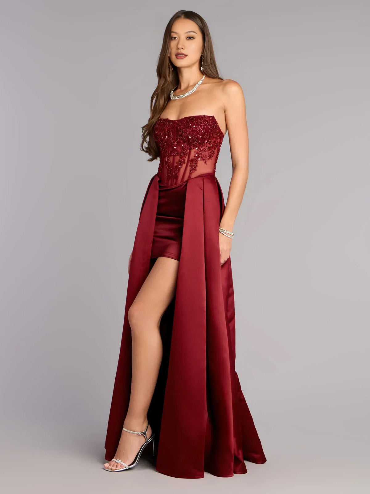 Burgundy strapless beaded mini formal dress with satin skirt and side slit
