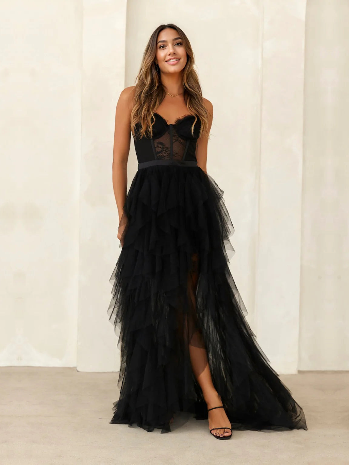 Black a-line maxi formal dress with corset-style bodice, alternate view