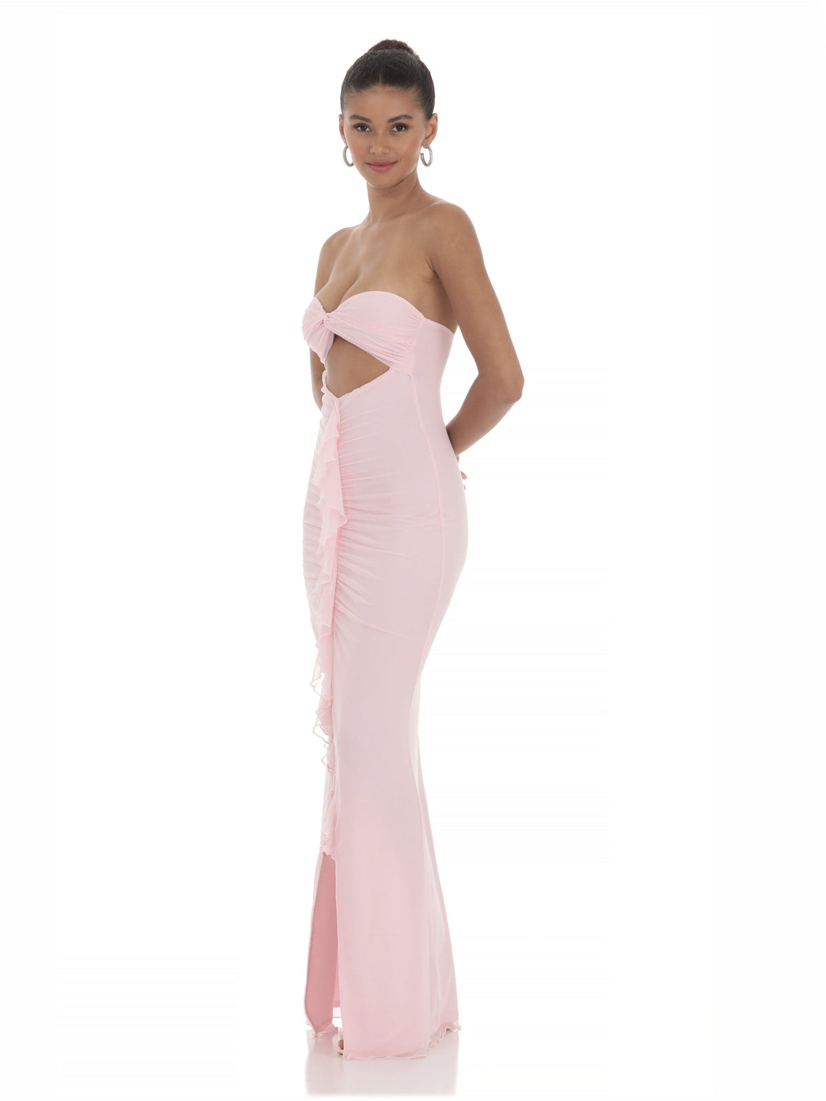 Pink bridesmaid dress with mesh construction and maxi hem