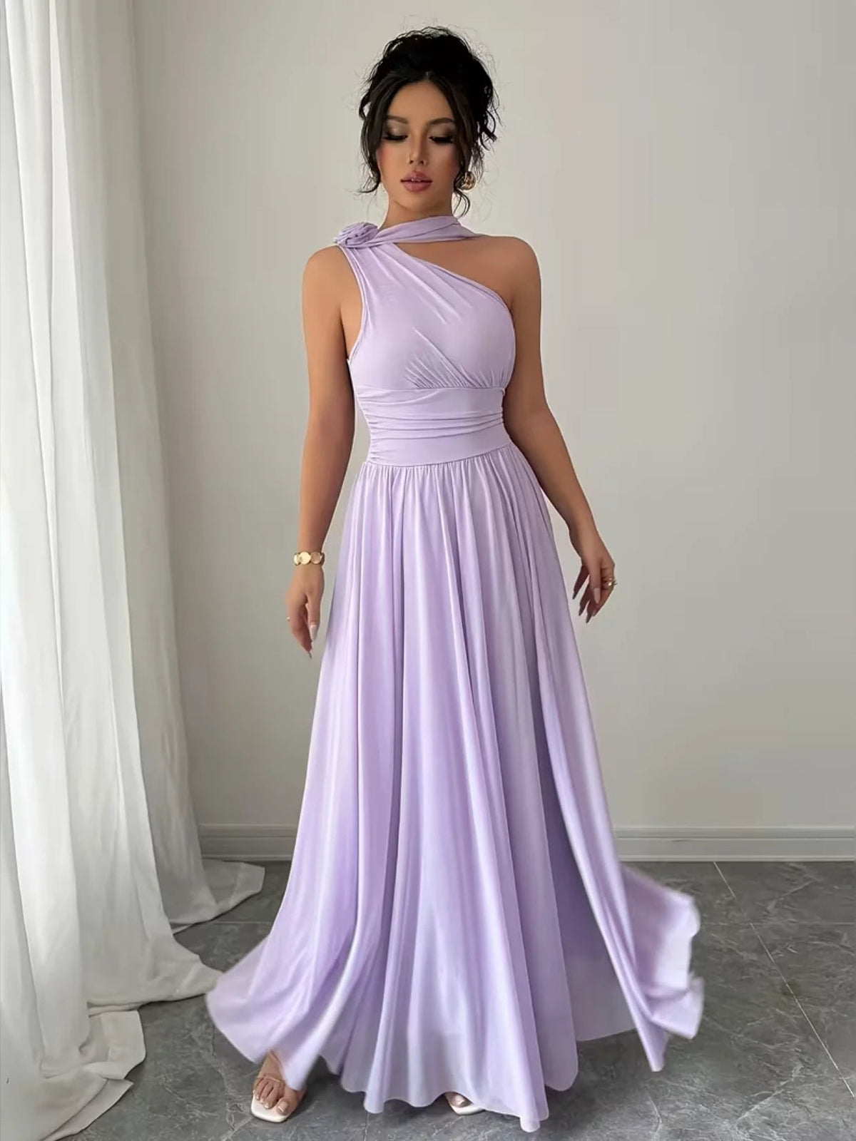 Lilac one-shoulder backless column maxi prom dress with halter neckline and pleated skirt