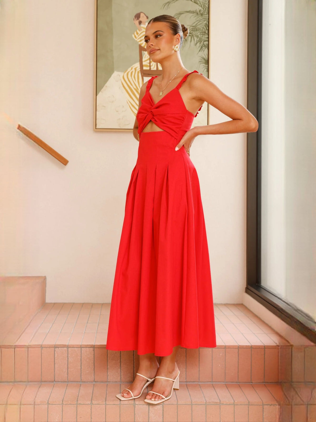 Red a-line maxi formal dress with pleated skirt, alternate view